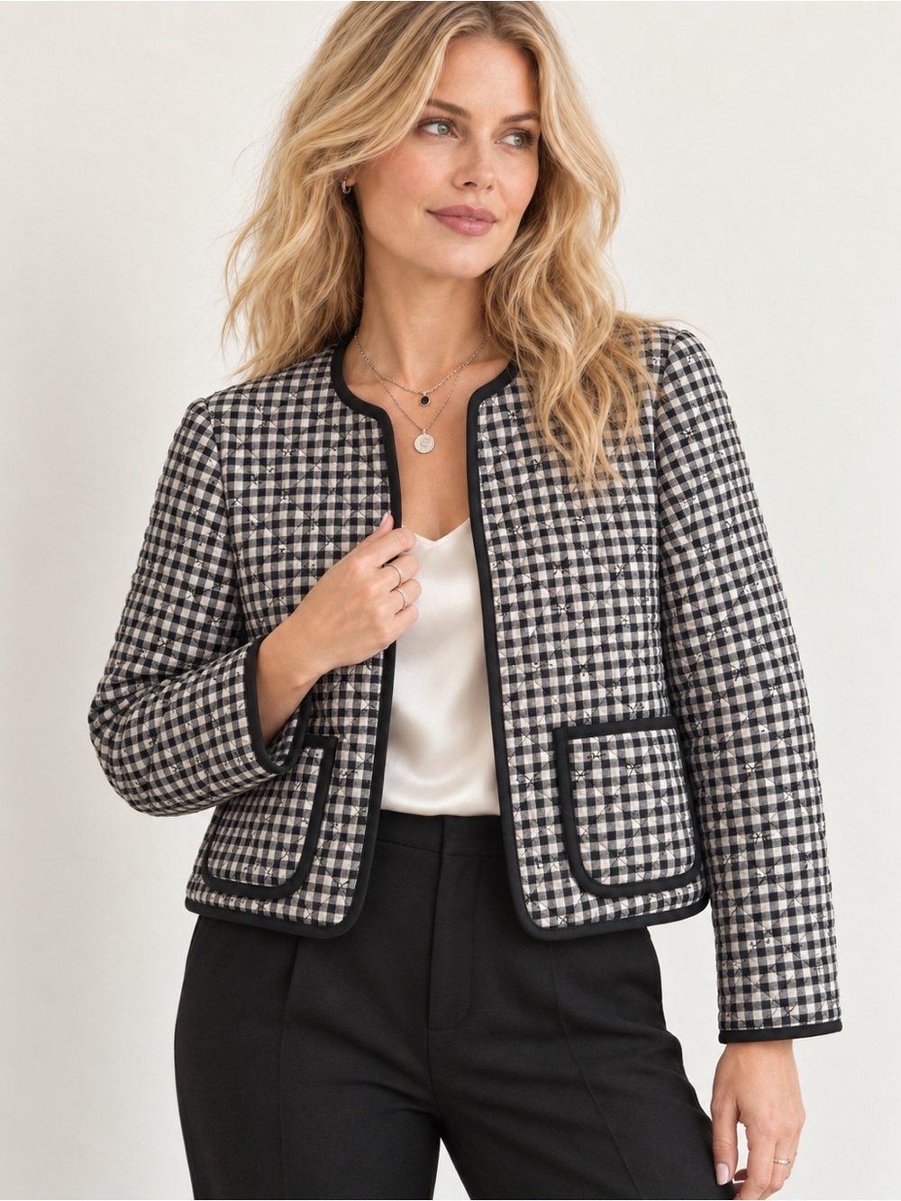 Caroline Constas Quilted Gingham Bow Open Front Jacket Black White L